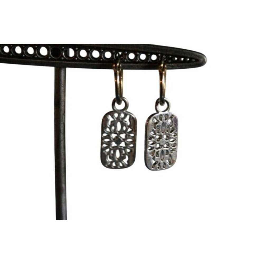 Vintage Gold & Silver Rectangular Dangle Earrings With Filigree Design - Picture 4 of 6